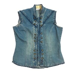 Wrangler Denim Vest Ruffle Western Military Snap Front Vest Size Small
